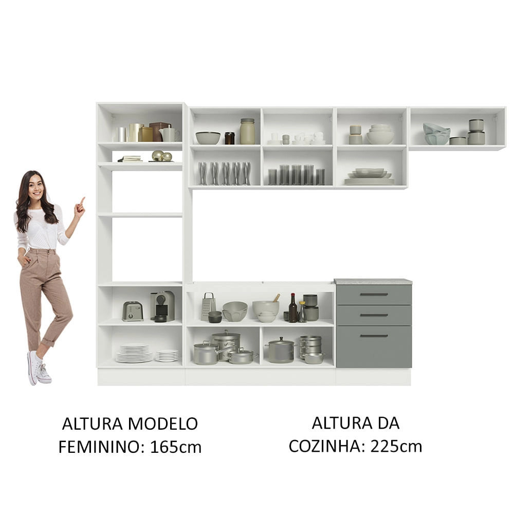 Cozinha Completa Madesa Agata 330001 com Armário e Balcão (Sem Tampo e Pia) Branco/Cinza Cor:Branco Cinza