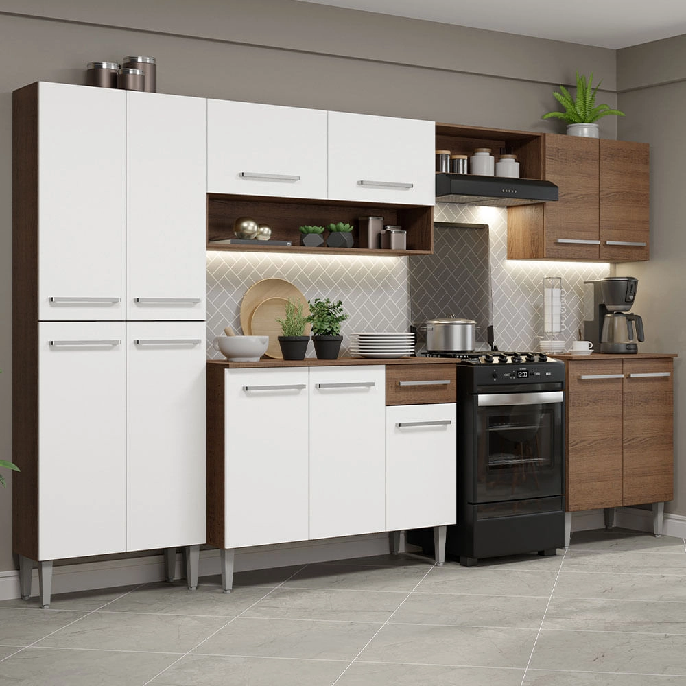 Armário de Cozinha Completa Madesa Emilly 293001 com Balcão e Paneleiro Rustic/Branco Cor:Rustic/Branco