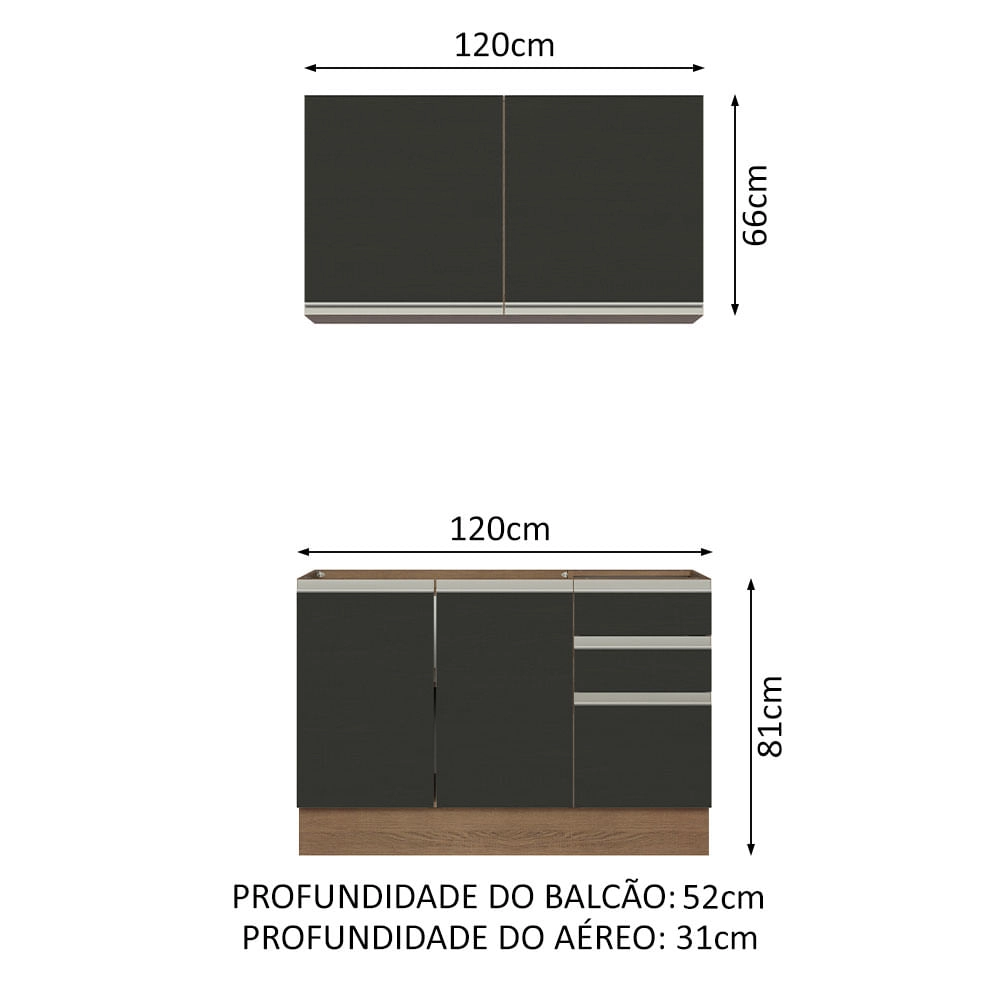 Cozinha Compacta Madesa Glamy 120003 com Armário e Balcão (Sem Tampo e Pia) Rustic/Preto Cor:Rustic Preto