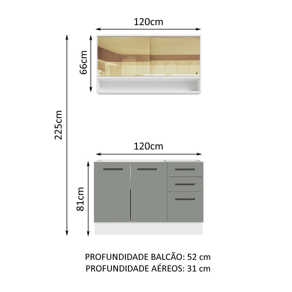 Cozinha Compacta Madesa Agata 120002 com Armário e Balcão (Sem Tampo e Pia) Branco/Cinza Cor:Branco Cinza