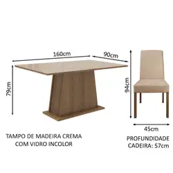 Conjunto Sala de Jantar Madesa Patricia Mesa Tampo de Vidro com 6 Cadeiras Rustic/Crema/Imperial Cor:Rustic/Crema/Imperial
