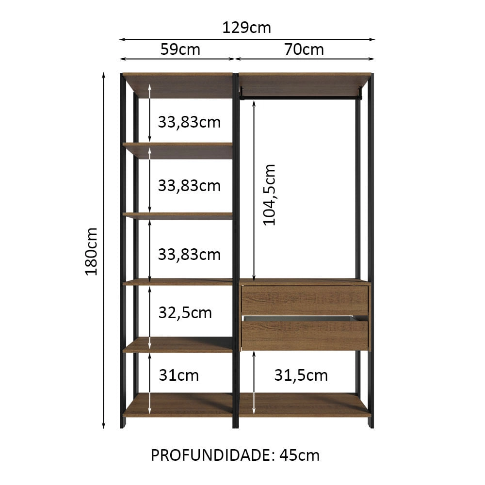 Closet Aberto Guarda-Roupa 2 Gavetas 129cm Rustic/Preto Madesa Cor:Rustic/Preto