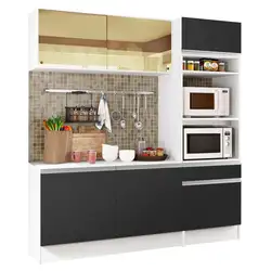 Cozinha Compacta Madesa Diamante Pop com Armário, Balcão e Tampo Branco/Preto Cor:Branco/Preto