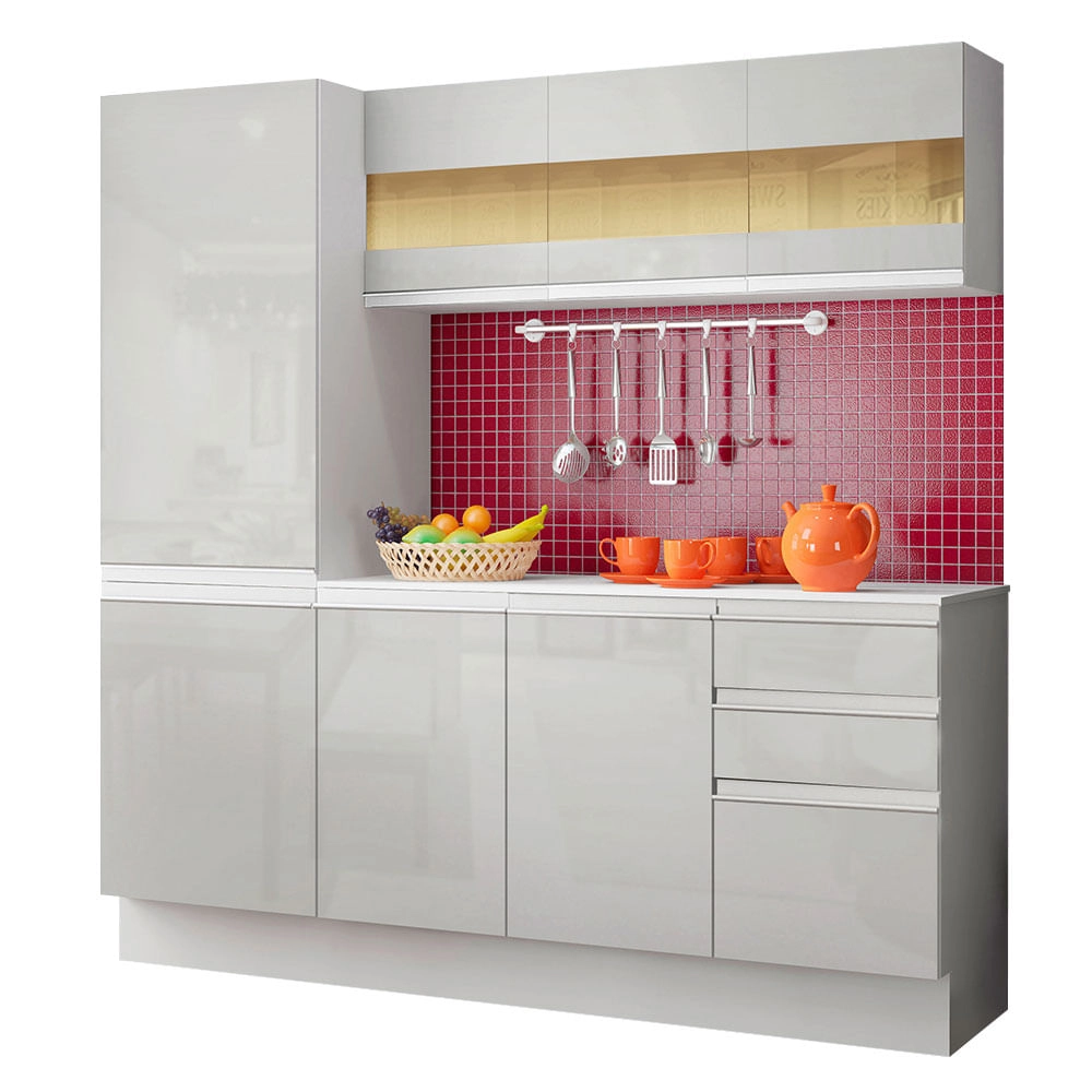Cozinha Compacta 100% MDF Madesa Smart 170 cm Modulada Com Armário, Balcão e Tampo Frentes Branco Brilho Cor:Branco