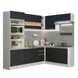 Cozinha Completa de Canto Madesa Glamy 399001 com Armário e Balcão (Sem Tampo e Pia) Branco/Preto Cor:Branco/Preto