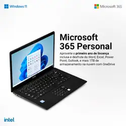 Notebook Legacy Book, com Windows 11 Home, Intel Celeron 4GB 64GB + 64GB 14,1 Pol. HD, Preto + Microsoft 365 Personal com 1TB na Nuvem - PC271 PC271