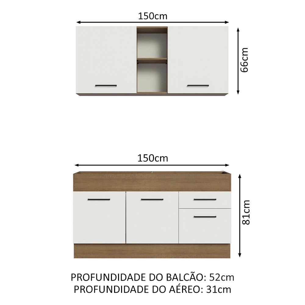 Cozinha Compacta Madesa Agata 150002 com Armário e Balcão (Sem Tampo e Pia) Rustic/Branco Cor:Rustic Branco