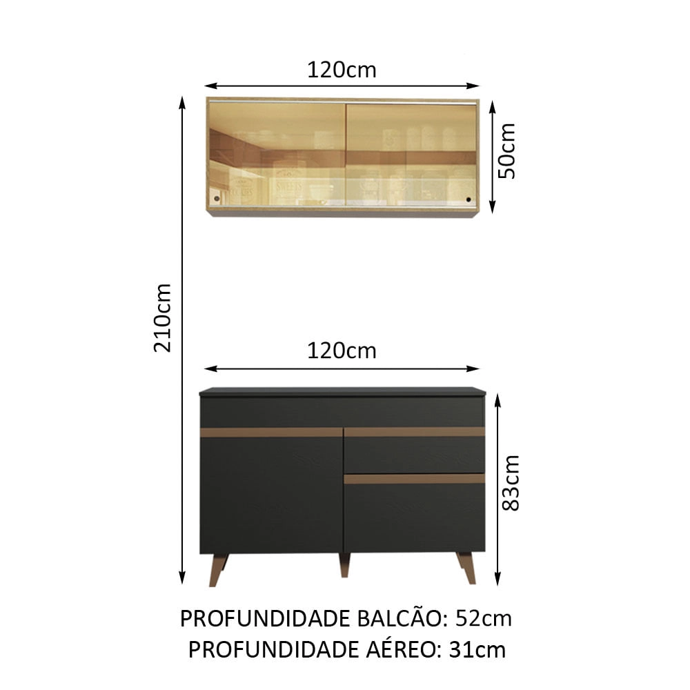 Cozinha Compacta Madesa Reims 120001 com Armário e Balcão Preto/Rustic Cor:Preto/Rustic