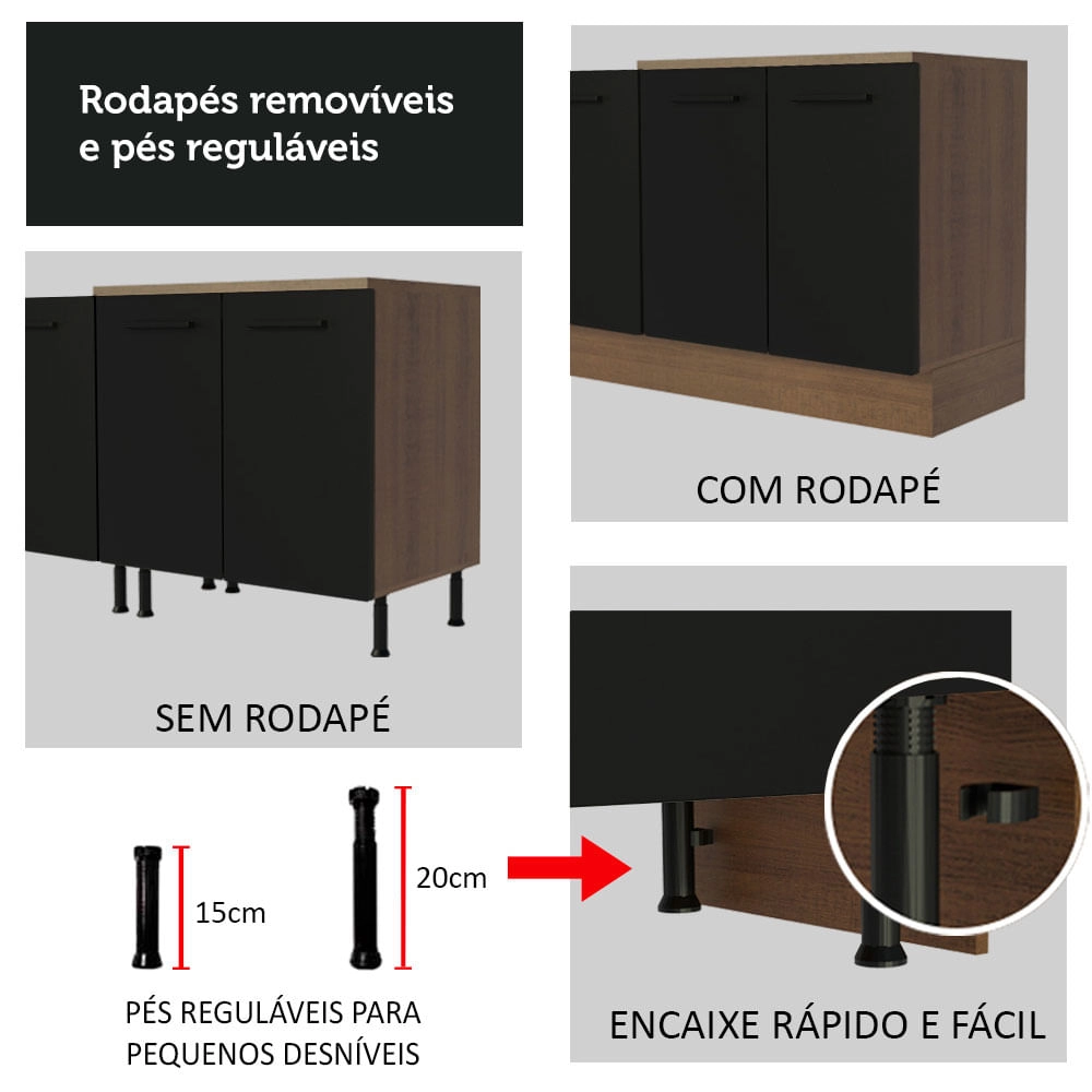 Cozinha Compacta Madesa Agata 120001 com Armário e Balcão (Sem Tampo e Pia) Rustic/Preto Cor:Rustic Preto