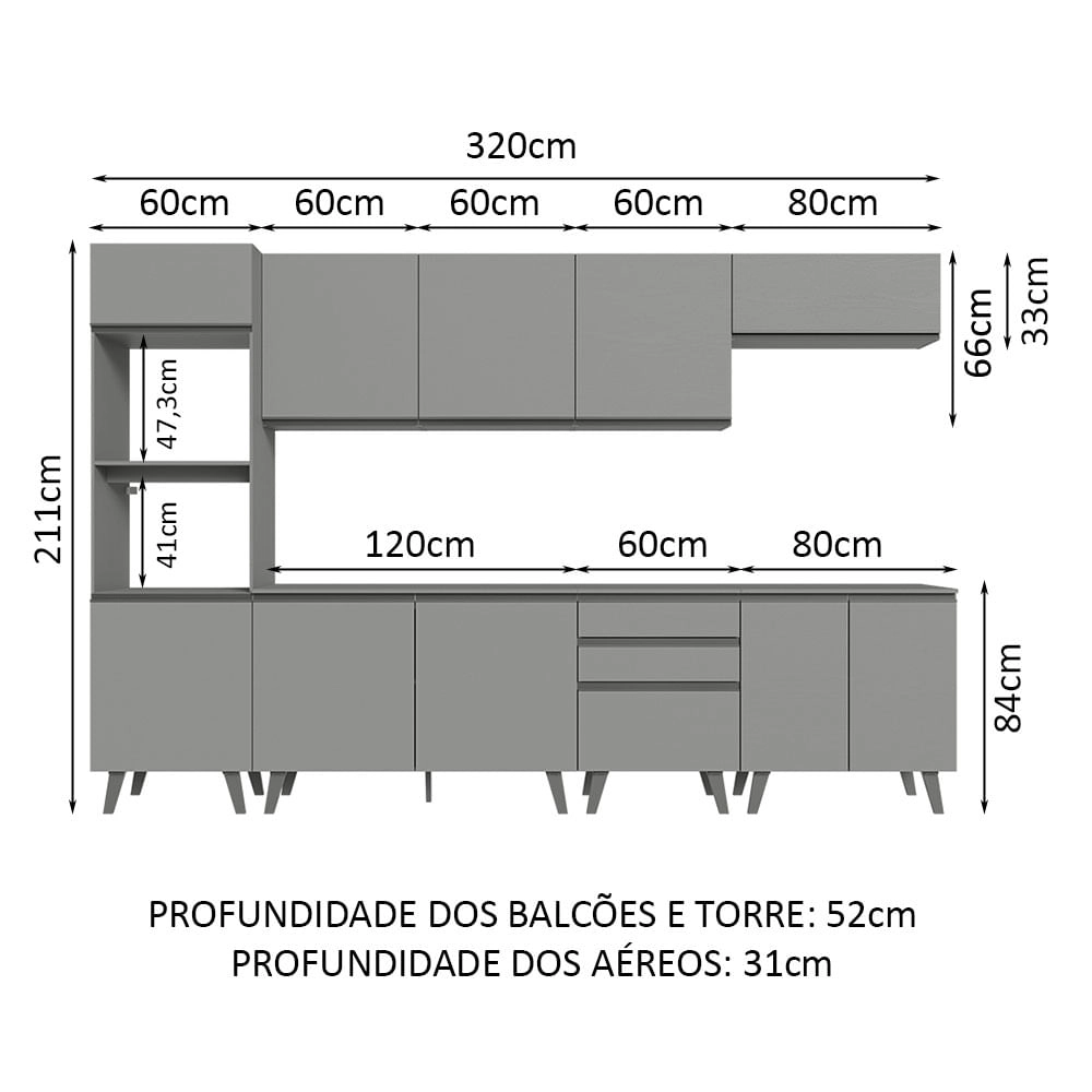 Armário de Cozinha Completa 320cm Cinza Nice Madesa 06 Cor:Cinza