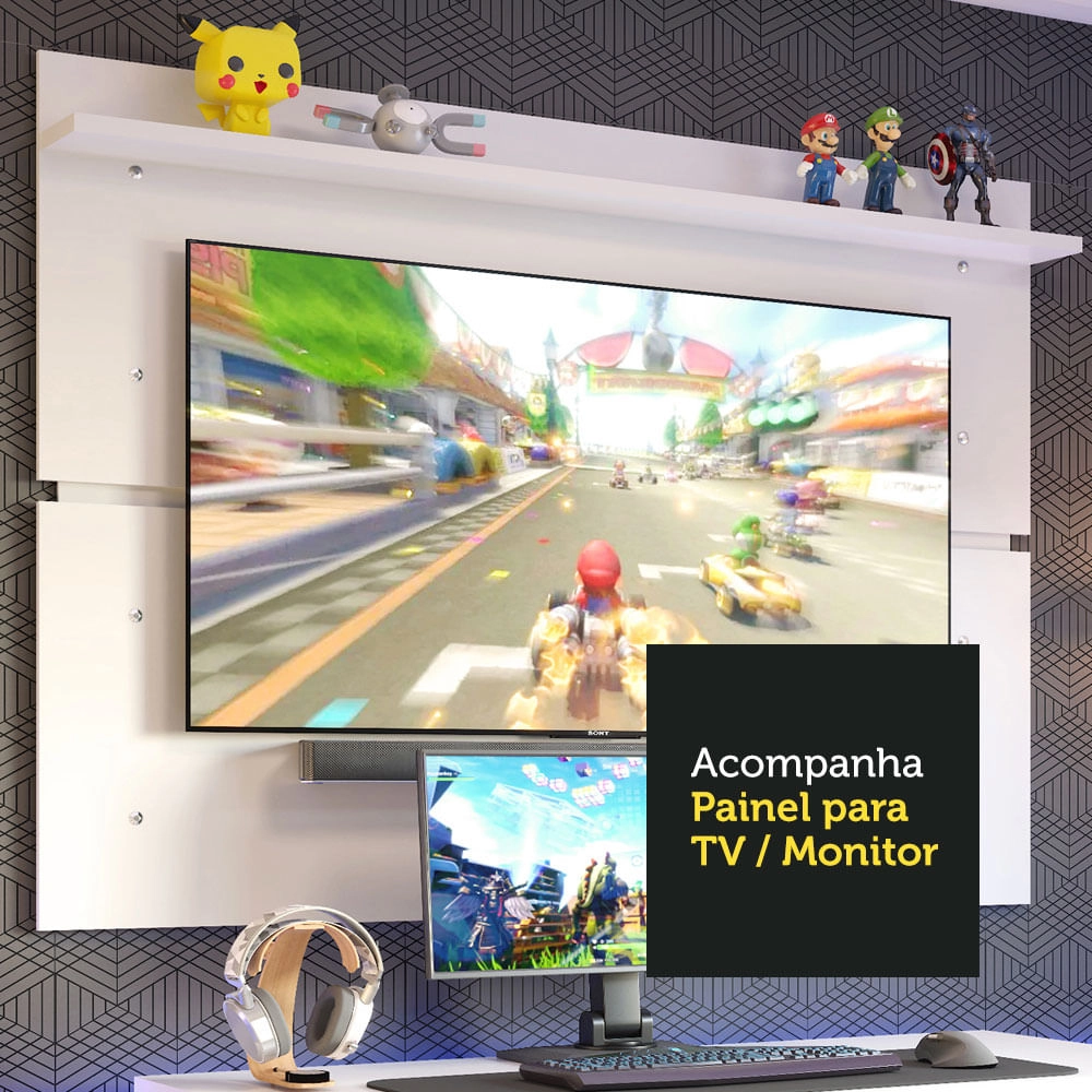 Mesa Gamer Madesa 9409 e Painel para TV até 65 Polegadas Branco Cor:Branco