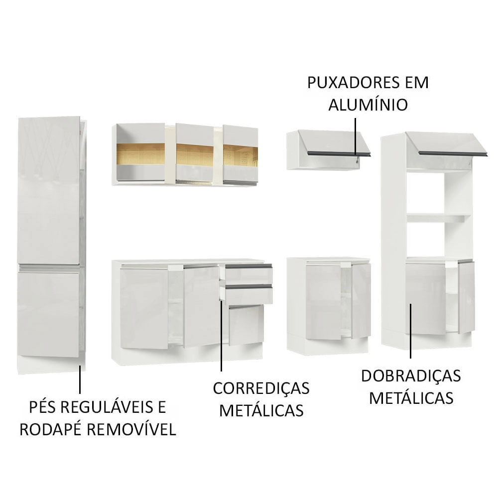 Cozinha Completa 100% MDF Madesa Smart 300 cm Modulada Com Armário, Balcão e Tampo Frentes Branco Brilho Cor:Branco