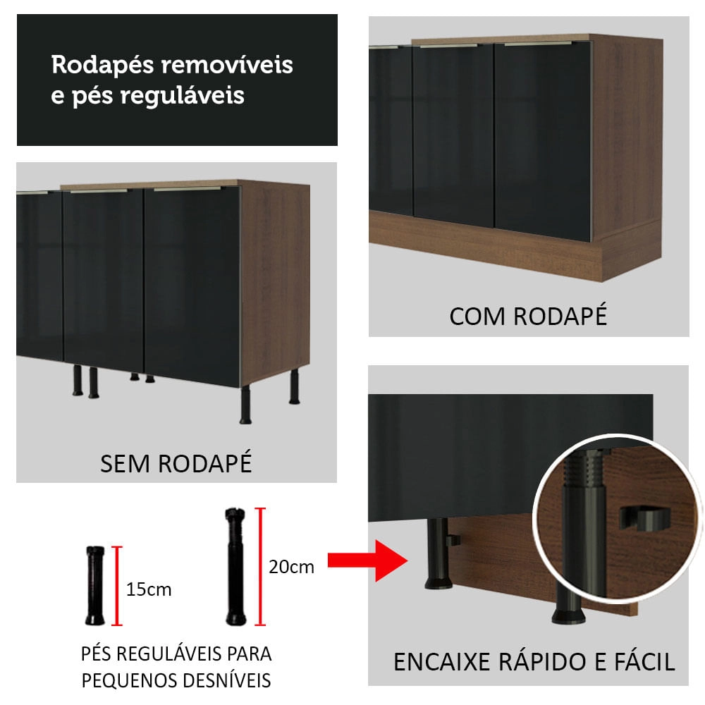 Cozinha Compacta Madesa Lux com Armário e Balcão 5 Portas 3 Gavetas Rustic/Preto Cor:Rustic/Preto