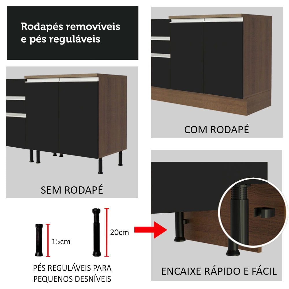 Armário de Cozinha Completa 200cm Rustic/Preto/Crema Glamy Madesa 07 Cor:Rustic/Preto/Crema