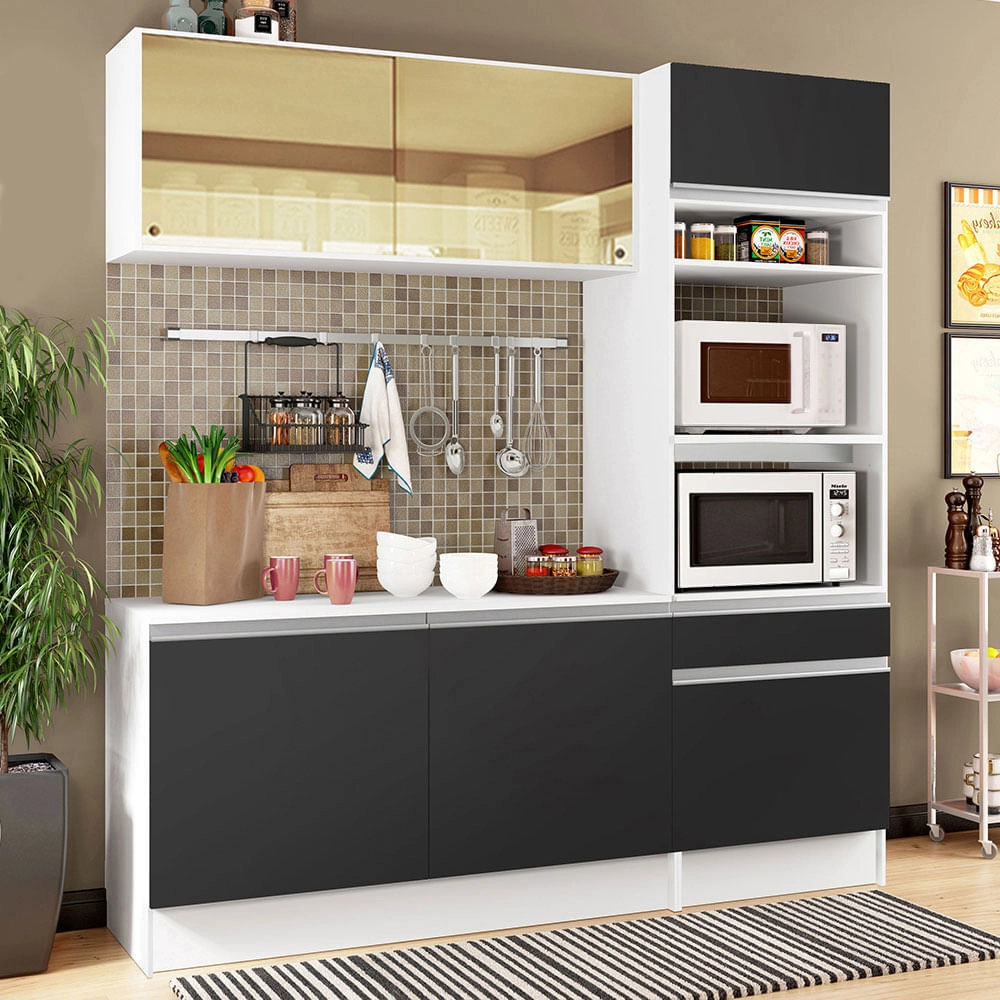 Cozinha Compacta Madesa Diamante Pop com Armário, Balcão e Tampo Branco/Preto Cor:Branco/Preto