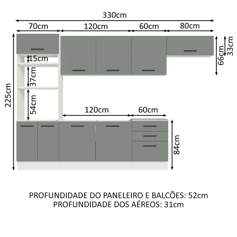 Cozinha Completa Madesa Agata 330001 com Armário e Balcão (Sem Tampo e Pia) Branco/Cinza Cor:Branco Cinza