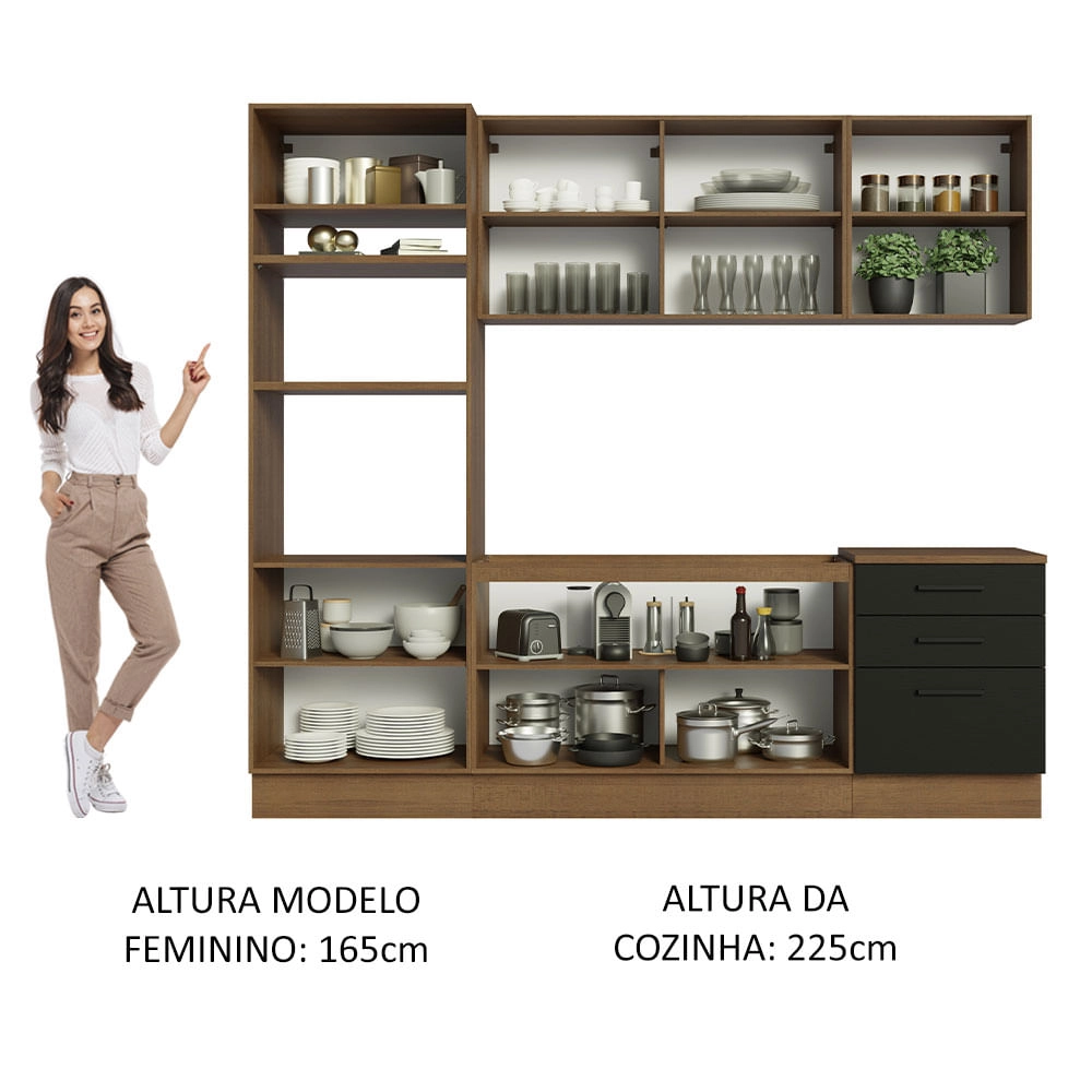 Armário de Cozinha Completa 250cm Rustic/Preto Agata Madesa 01 Cor:Rustic/Preto