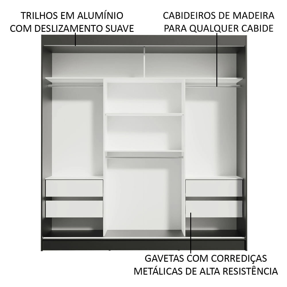 Guarda-Roupa Casal Madesa Reno 3 Portas de Correr com Espelho Cor:Preto