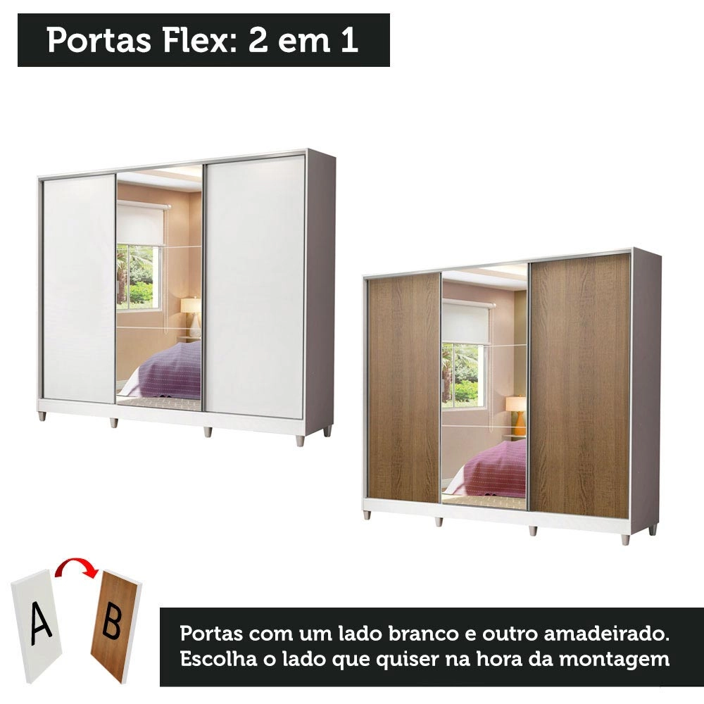 Guarda Roupa Infantil Madesa Logan 100% MDF 3 Portas de Correr com Espelho com Pés - Branco Cor:Branco