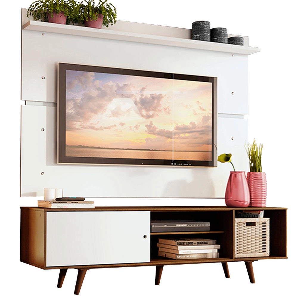 Rack Madesa Dubai e Painel para TV até 65 Polegadas com Pés Rustic/Branco 6E9B Cor:Rustic/Branco