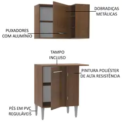 Kit de Canto Reto Madesa Emilly 2 Portas com Armário Aéreo, Adega e Balcão Rustic Cor:Rustic