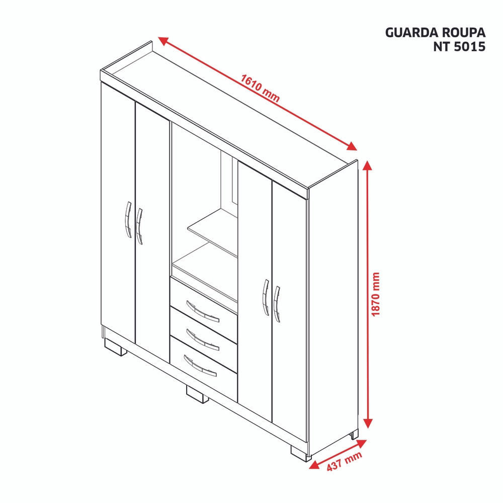 Guarda Roupa 4 Portas 3 Gavetas 1.61M NT5015 Capelinha Branco New/Rosa C/Esp A187XL161XP44 Notável