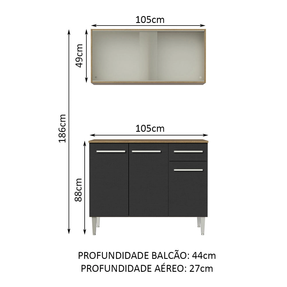 Cozinha Compacta Madesa Emilly 105001 com Armário e Balcão Rustic/Preto Cor:Rustic/Preto