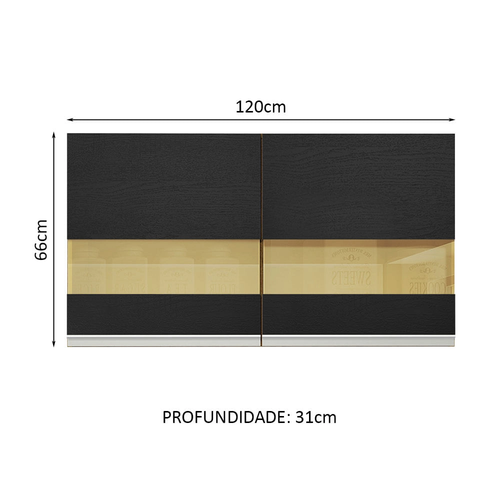 Armário Aéreo Madesa Glamy 120 cm 2 Portas com Vidro Rustic/Preto Cor:Rustic/Preto