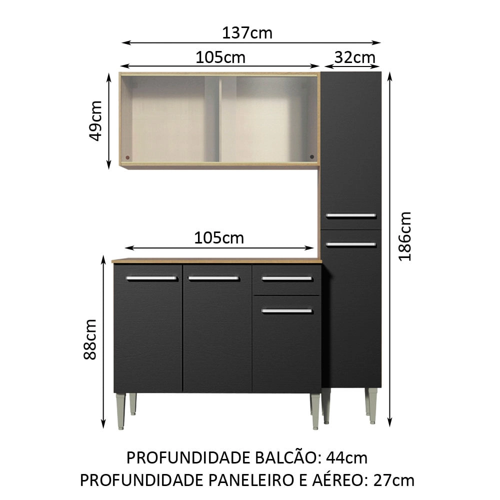 Cozinha Compacta Madesa Emilly Force com Armário, Balcão e Paneleiro - Rustic/Preto Cor:Rustic/Preto