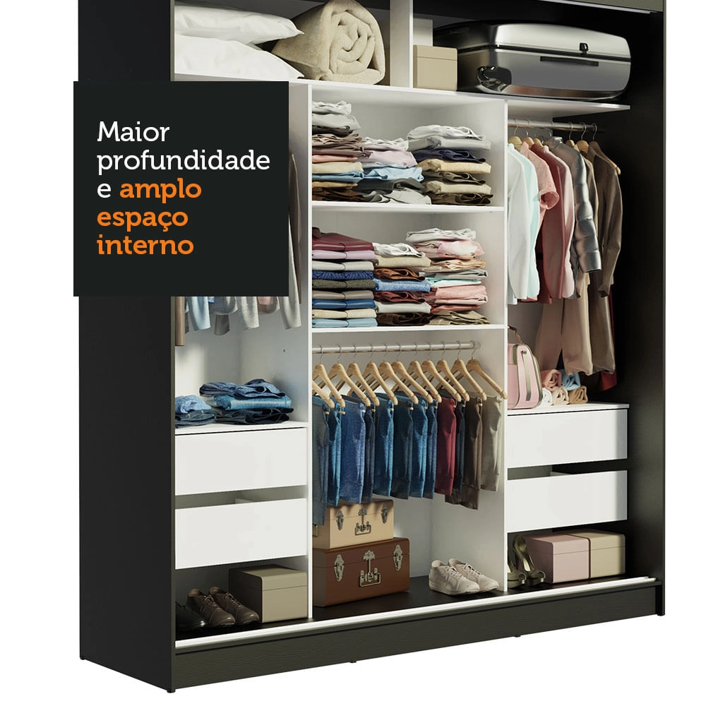 Guarda-Roupa Casal Madesa Reno 3 Portas de Correr com Espelho Cor:Preto/Rustic