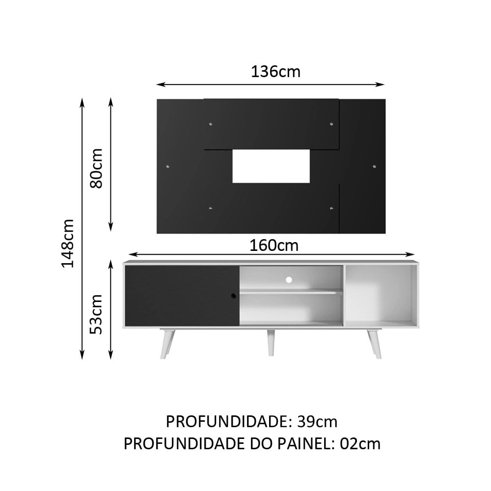 Rack Madesa Dubai com Pés e Painel para TV até 58 Polegadas Branco/Preto 7377 Cor:Branco/Preto/Preto