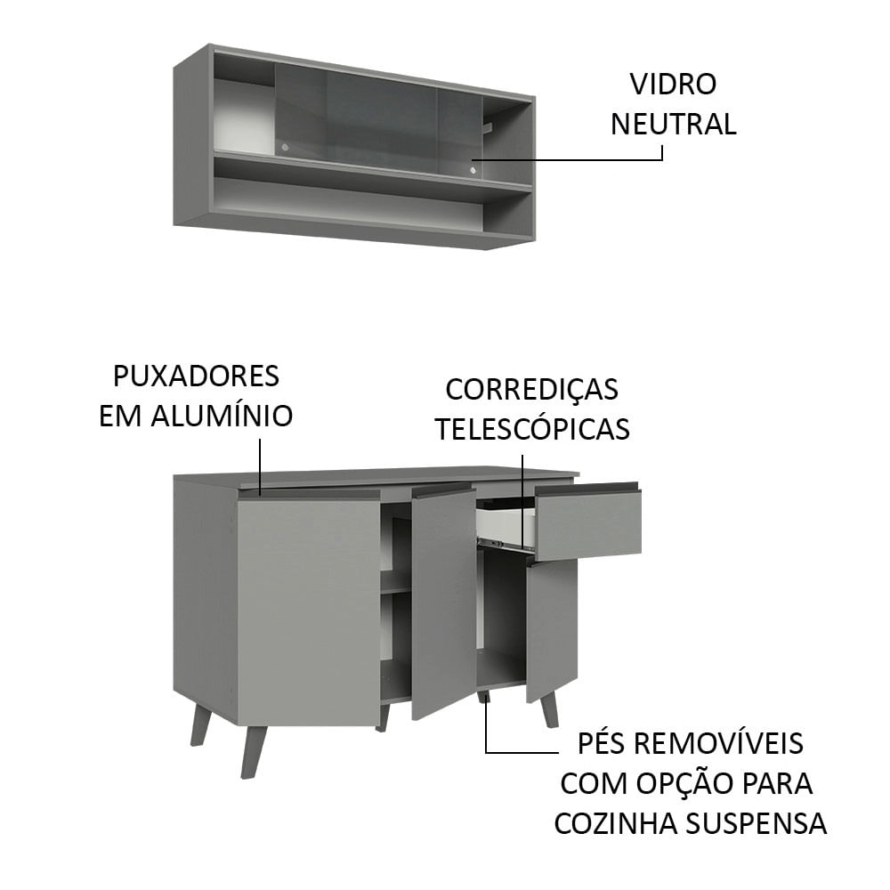 Armário de Cozinha Compacta 120cm Cinza Nice Madesa 01 Cor:Cinza