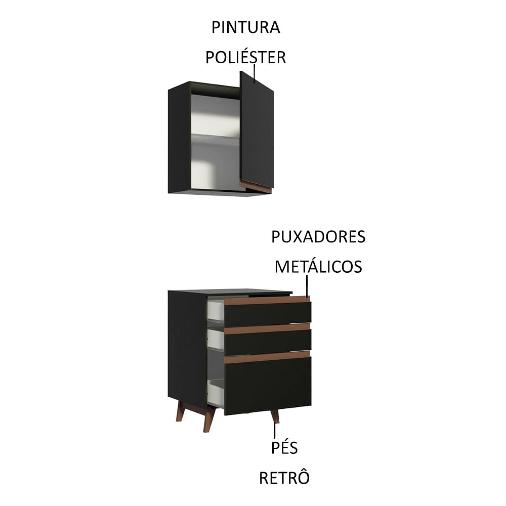 Kit Madesa Reims 60 cm com Armário Aéreo e Balcão com 3 Gavetas Preto Cor:Preto