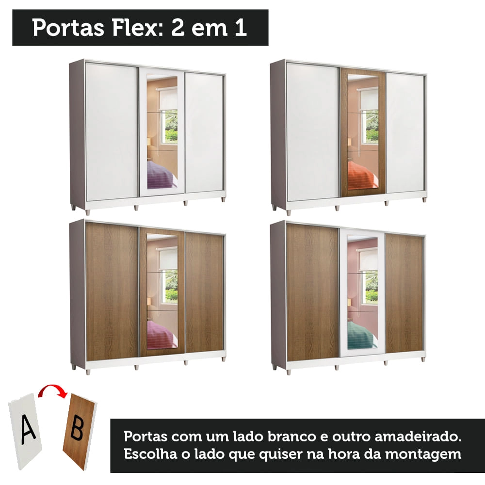 Guarda Roupa Casal 100% MDF Madesa Eros 3 Portas de Correr com Espelho com Pés Branco/Branco/Rustic Cor:Branco/Branco/Rustic