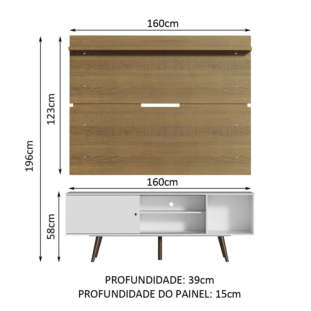 Rack Madesa Cairo e Painel para TV até 65 Polegadas com Pés de Madeira - Branco/Rustic Cor:Branco/Rustic