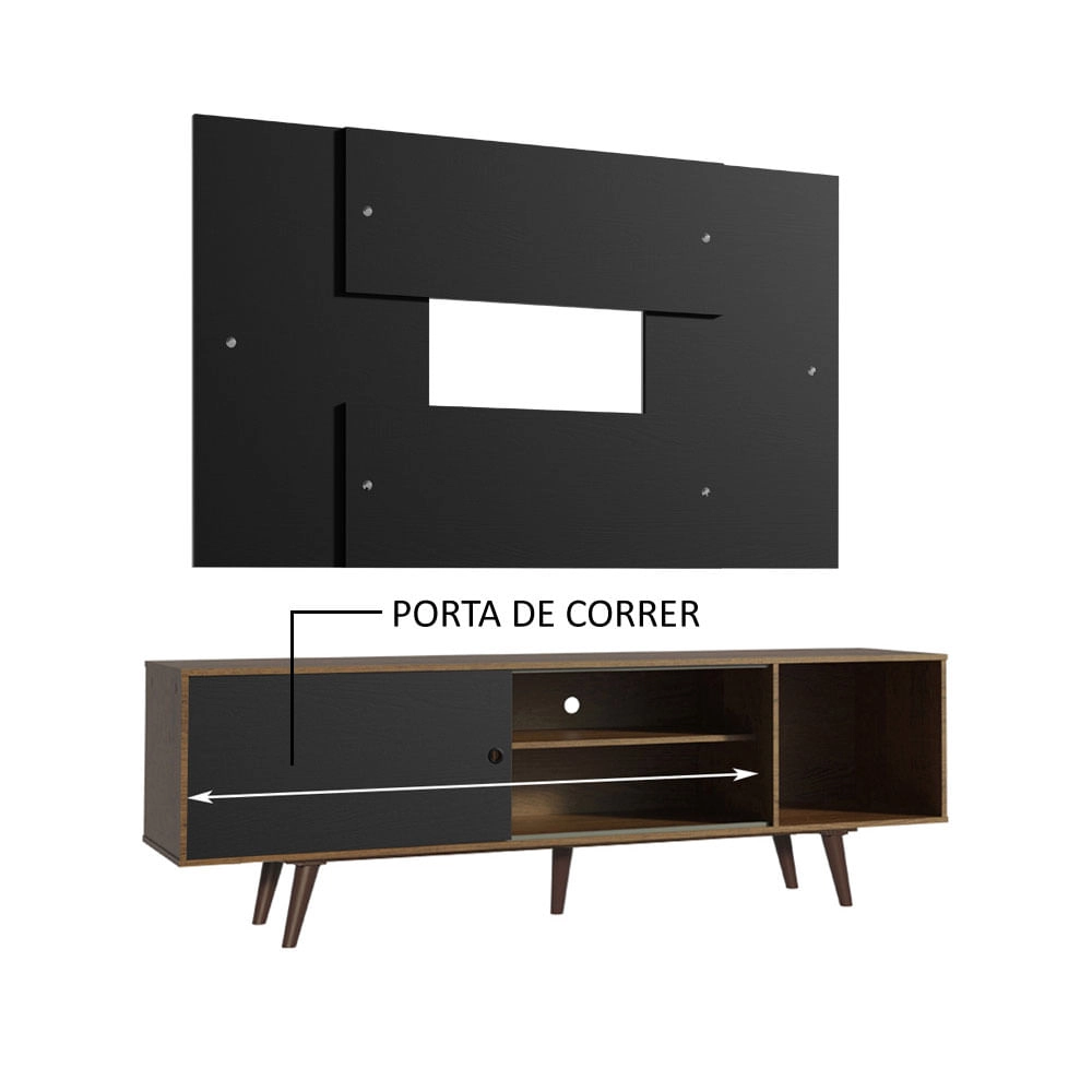 Rack Madesa Dubai com Pés e Painel para TV até 58 Polegadas Rustic/Preto 7KD8 Cor:Rustic/Preto/Preto