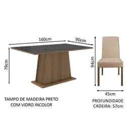 Conjunto Sala de Jantar Madesa Patricia Mesa Tampo de Vidro com 6 Cadeiras Rustic/Preto/Imperial Cor:Rustic/Preto/Imperial