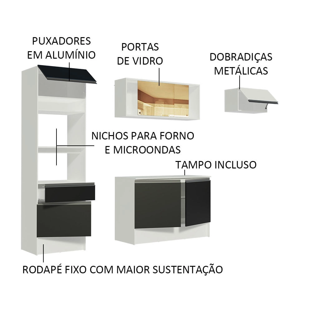 Cozinha Completa Madesa Diamante com Armário, Balcão e Tampo Branco/Preto/Branco Cor:Branco/Preto/Branco