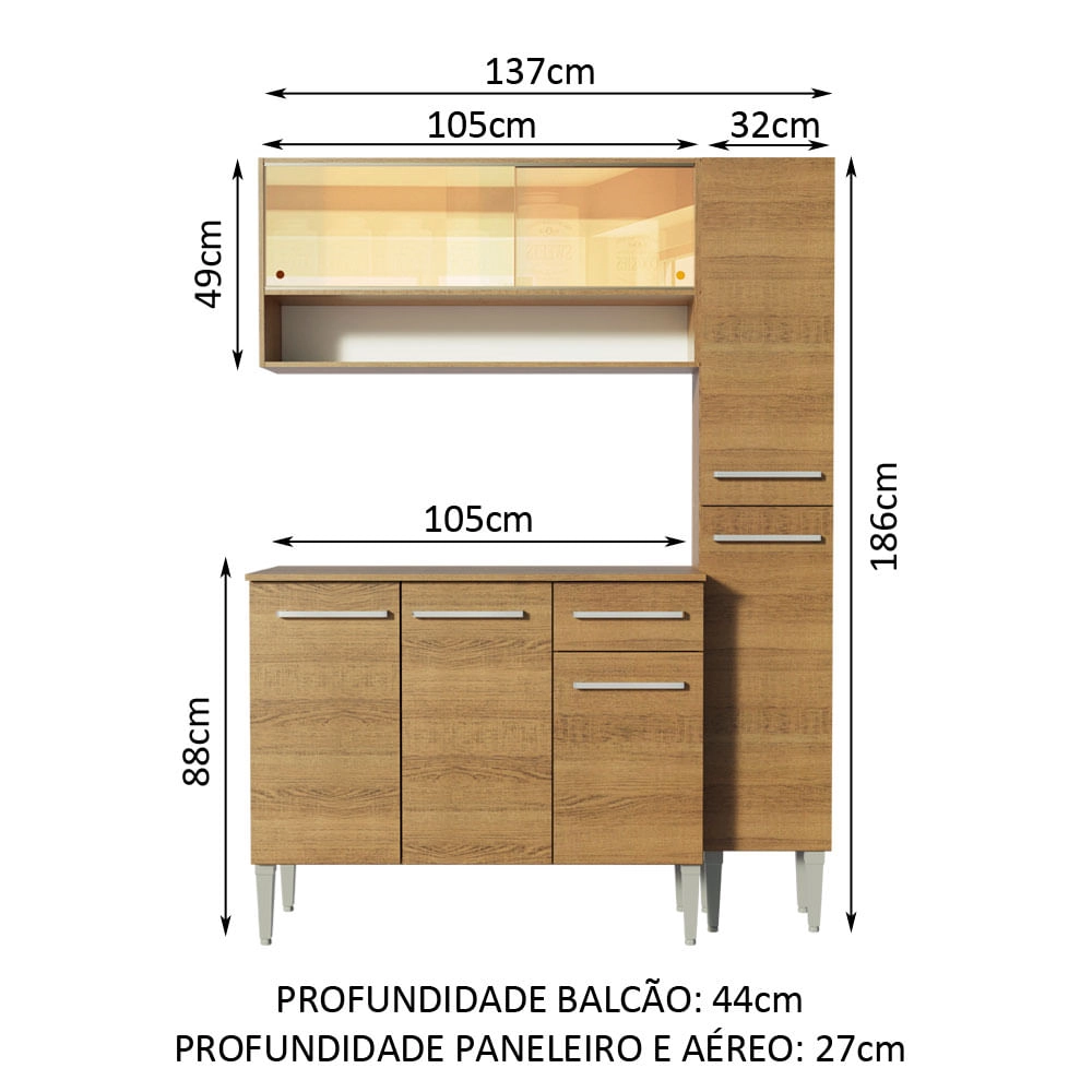 Cozinha Compacta Madesa Emilly Art com Balcão e Armário Vidro Reflex Rustic Cor:Rustic