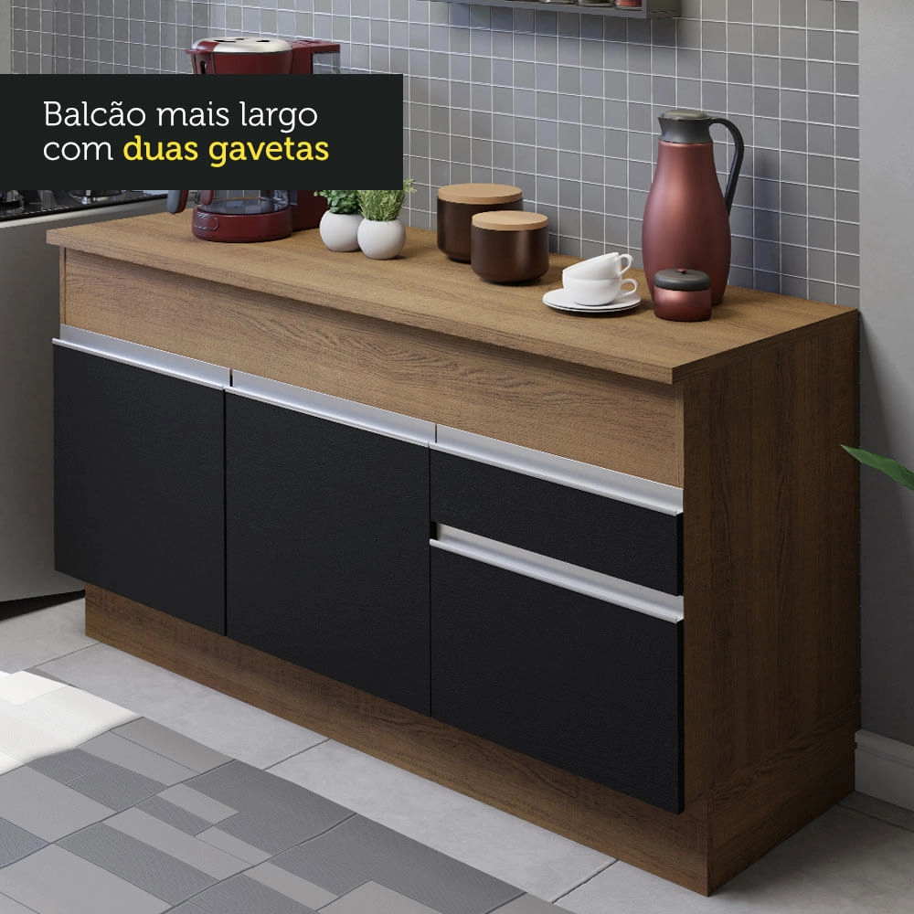 Cozinha Compacta Madesa Glamy 150001 com Armário e Balcão (Com Tampo) Rustic/Preto Cor:Rustic/Preto