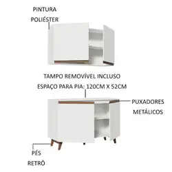 Kit Madesa Reims 120 cm com Armário Aéreo e Balcão Gabinete de Pia Branco Cor:Branco