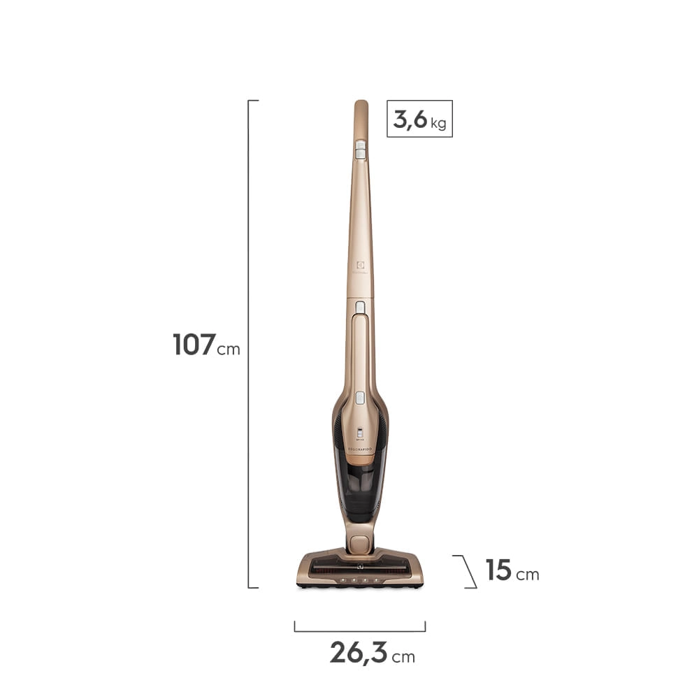 Aspirador de Pó Vertical Electrolux Ergorapido 2 em 1 Dourado Bocal PET (ERG26) - até 45 min Filtro HEPA Função BrushRollClean 460ml Bivolt