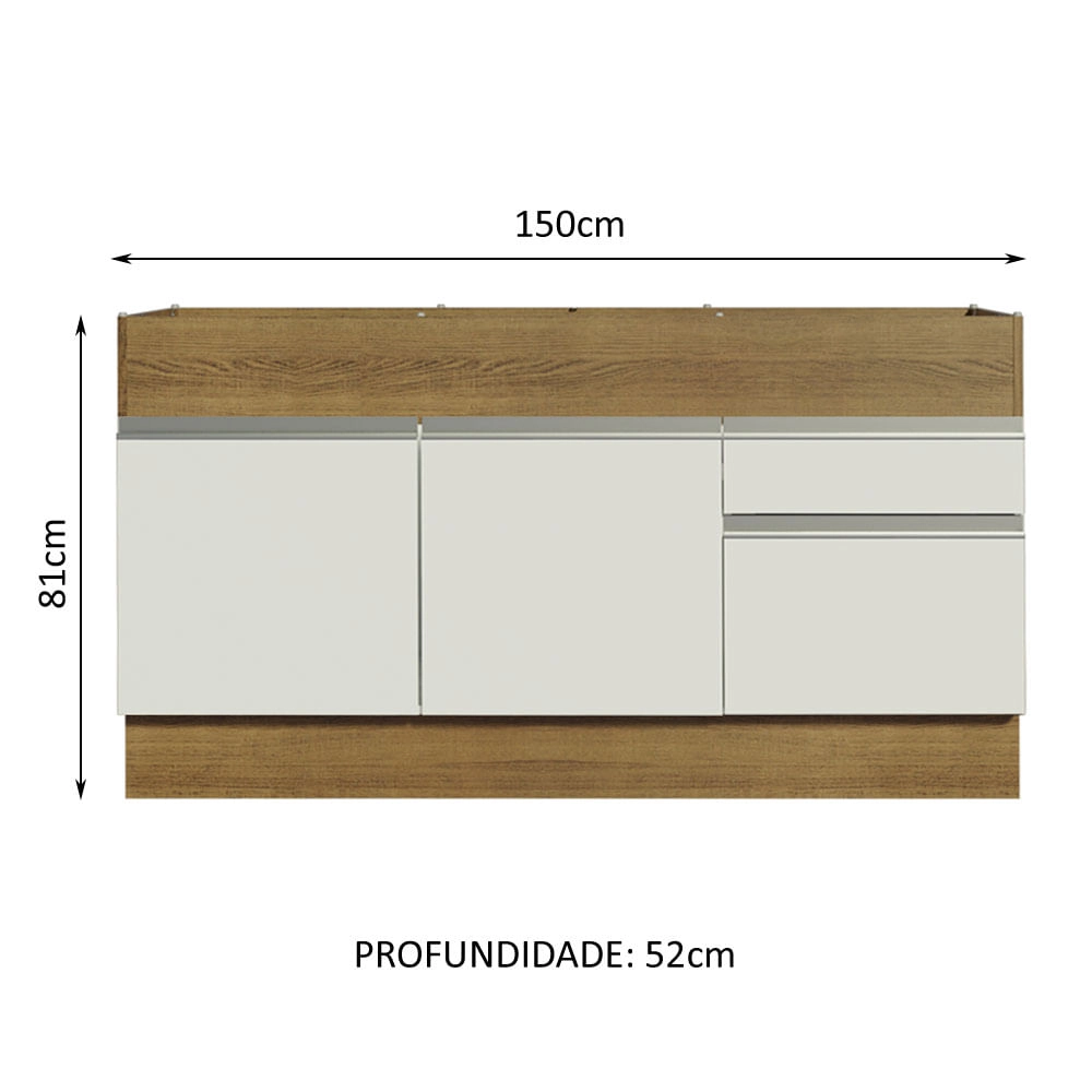 Balcão de Pia Madesa Glamy 150 cm 2 Portas e 2 Gavetas (Sem Tampo e Pia) Rustic/Branco Cor:Rustic/Branco