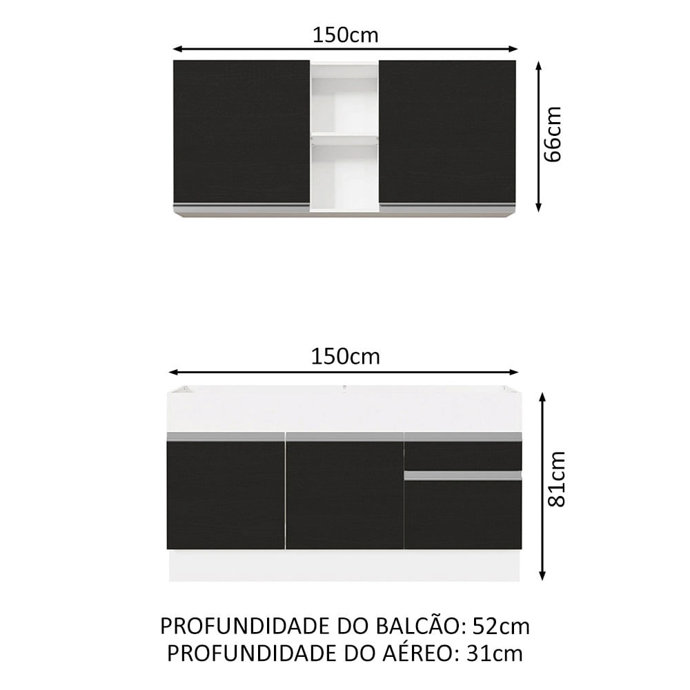 Cozinha Compacta Madesa Glamy 150002 com Armário e Balcão (Sem Tampo e Pia) Branco/Preto Cor:Branco/Preto