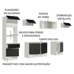 Cozinha Completa Madesa Topazio 300001 com Armário, Balcão e Tampo Branco/Preto Cor:Branco/Preto