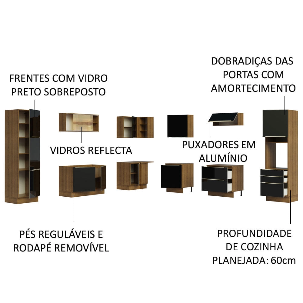 Cozinha Completa Madesa Lux de Canto com Armário e Balcão Rustic/Preto Cor:Rustic/Preto