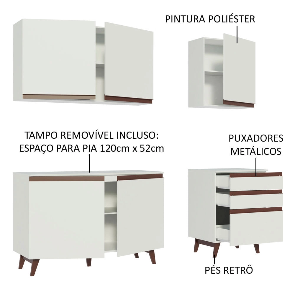 Armário de Cozinha Compacta Madesa Reims com Balcão 5 Portas 3 Gavetas Branco Cor:Branco