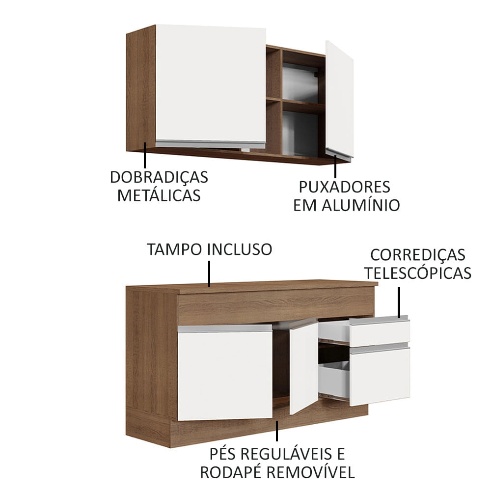 Cozinha Compacta Madesa Glamy 150001 com Armário e Balcão (Com Tampo) Rustic/Branco Cor:Rustic/Branco