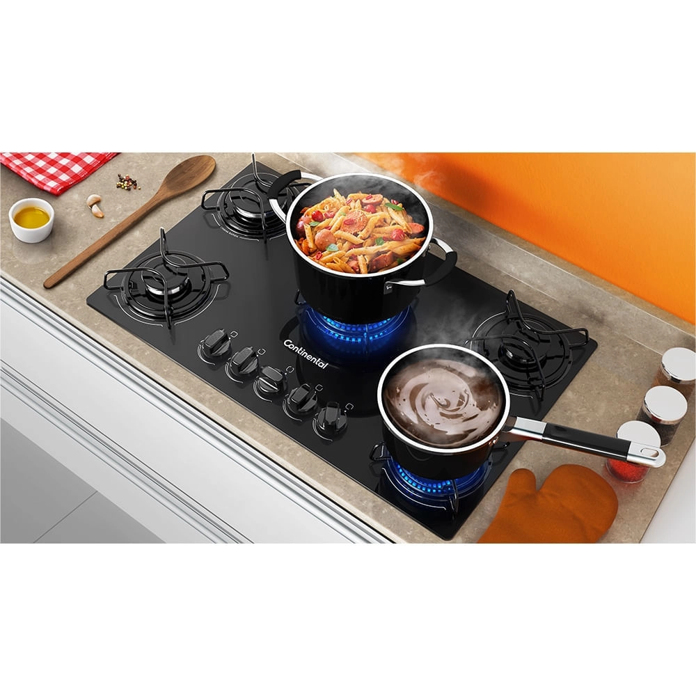 Cooktop 5 Bocas Continental a Gás de Vidro  Temperado Preto (KC5GP) Bivolt