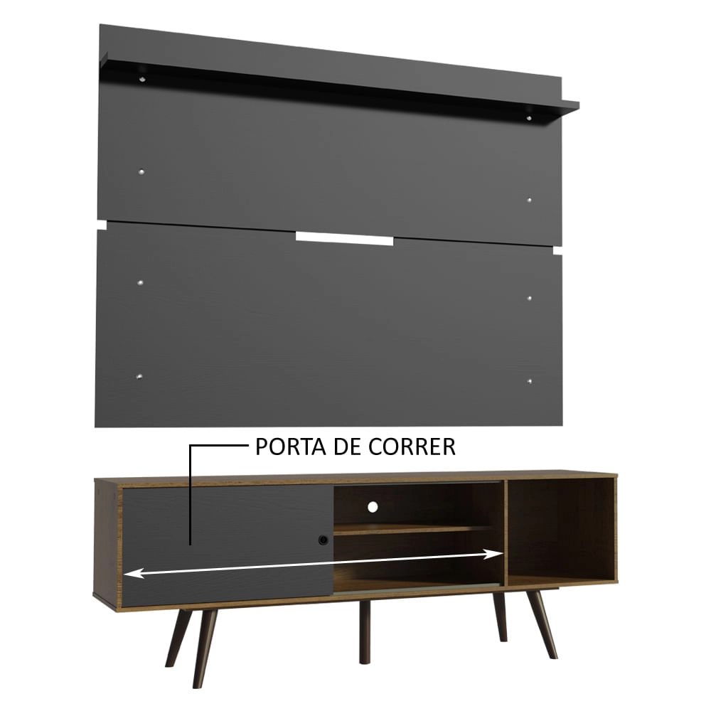 Rack Madesa Cairo e Painel para TV até 65 Polegadas com Pés de Madeira - Rustic/Preto/Preto Cor:Rustic/Preto/Rustic